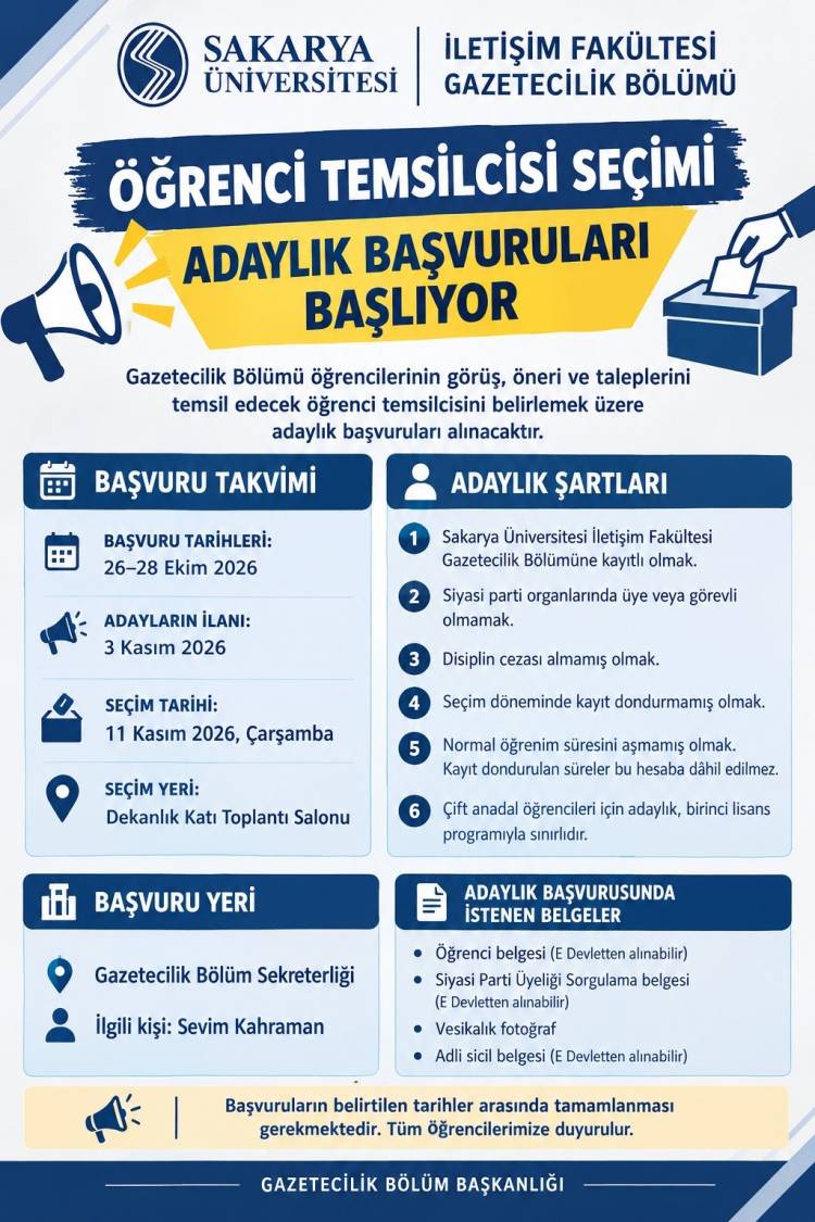 Gazetecilik Bölümü Öğrenci Temsilcisi Seçimi Adaylık Başvuruları Başlıyor
